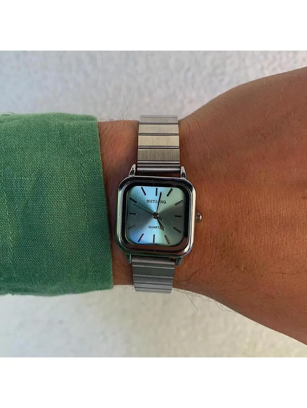 2000s Y2k style silver square blue face watch. Classy sporty style watch
